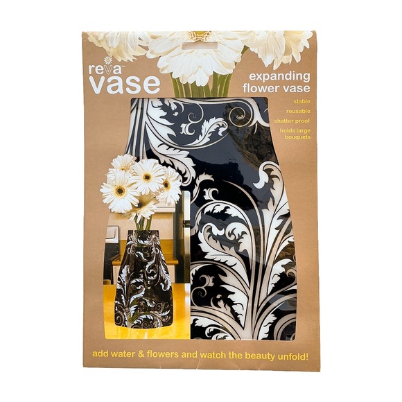 Reva Expanding Flower Vase Ivy Design Black & White NWT - Picture 1 of 5